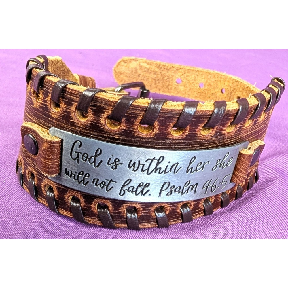 Genuine Leather Wide Band Rustic Bracelet Bible Verse Psalm 46:5 10"